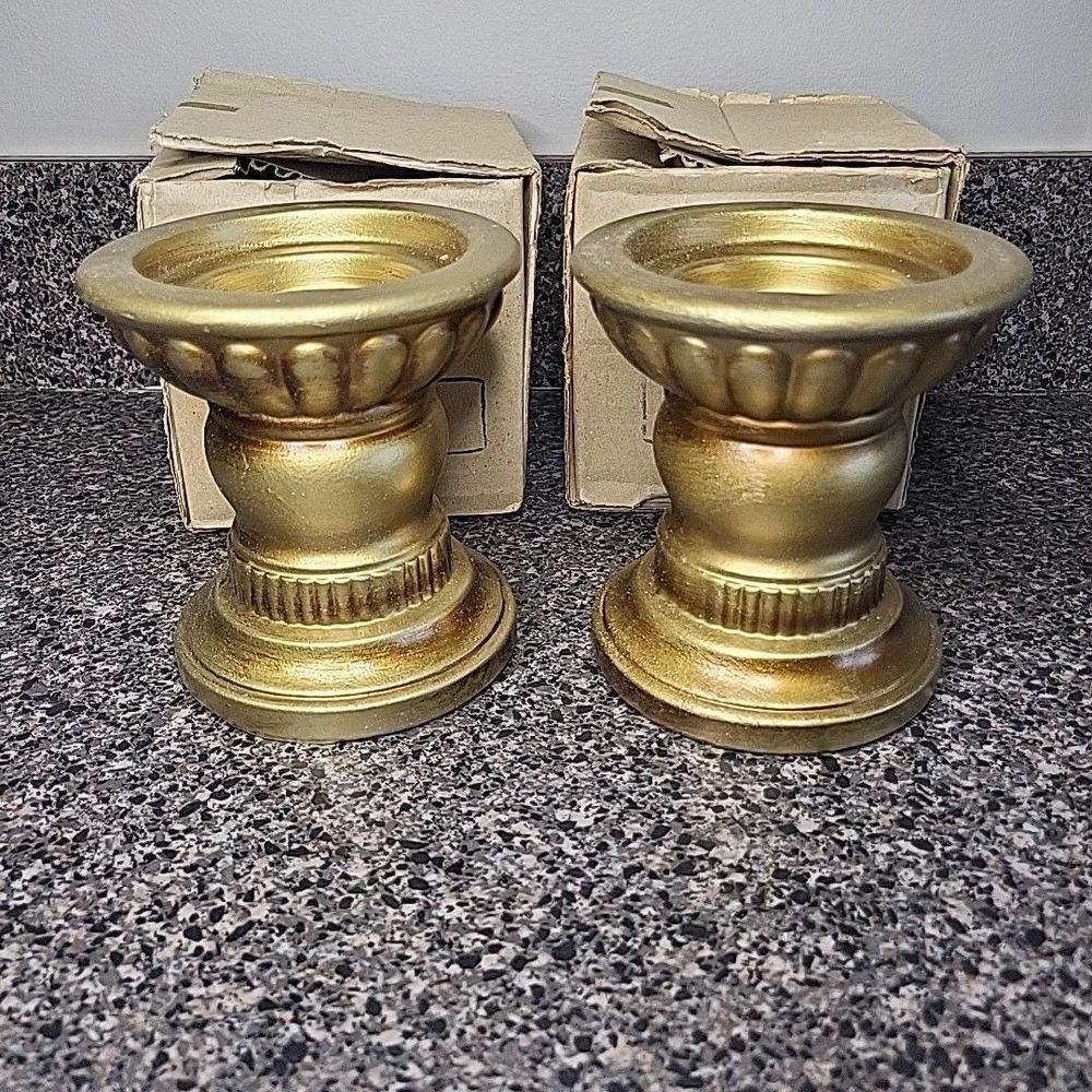 VINTAGE Japan Ceramic Gold 3 Sized Candle Holders Mid Century Modern w/ Box (2)